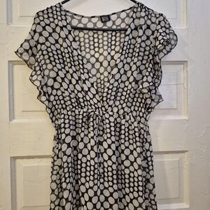 Polka Dot V-Neck Flutter Sleeve Blouse - Black & White